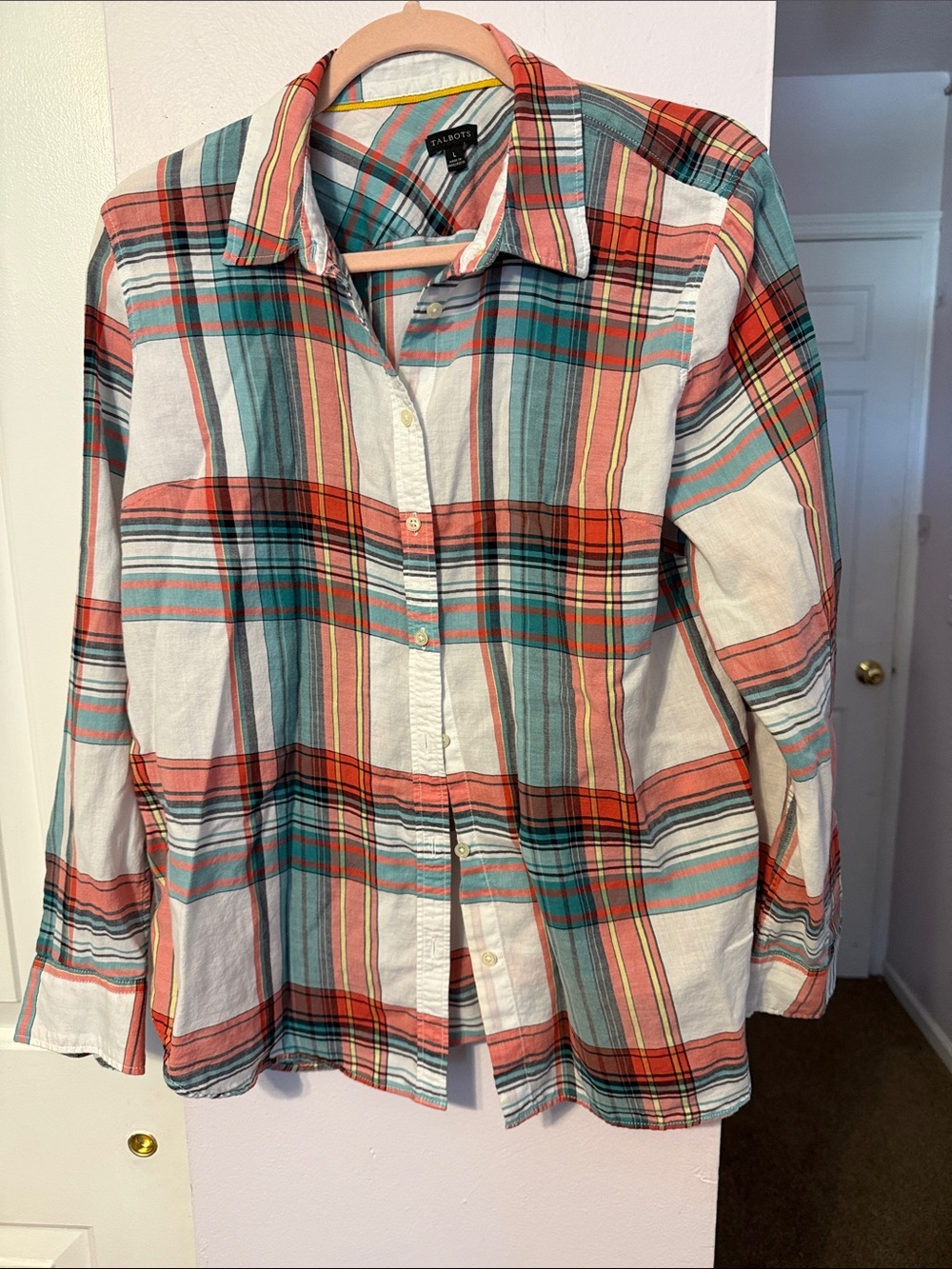 Talbots Girls Plaid Button-Down Shirt in Teal, Coral & Cream